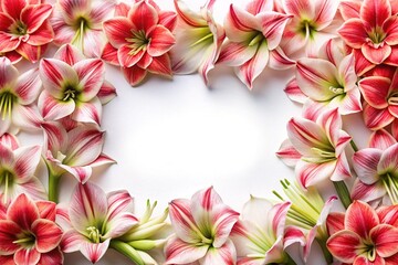 Frame of vibrant red and white Amaryllis flowers against a white background