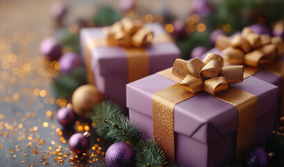 Closeup pink craft packaging, holiday background purple monochrome style, gold decoration ball, pine cones, stars, snowflakes, gift box. Flat lay, copy space, banner, Merry Christmas, New Year