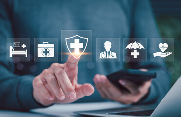 Health insurance and medical care concept. Person interacting with health-related icons, medical care, health insurance, and medication. healthcare services, protection, insurance coverage, hospital,