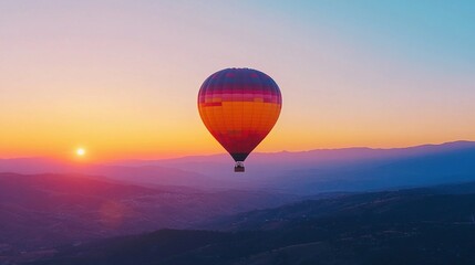 Fototapeta premium Hot air balloon rising over a colorful sunset in the mountains symbolizing adventure, elevation, and a new perspective
