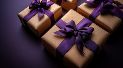 Close up yellow craft packaging, holiday background purple monochrome style, gold decoration ball, pine cones, stars, snowflakes, gift box. Flat lay, copy space, banner, Merry Christmas, New Year