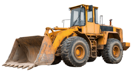 Empty earth mover in parked position with tilted front wheels isolated on a Transparent background, PNG file.