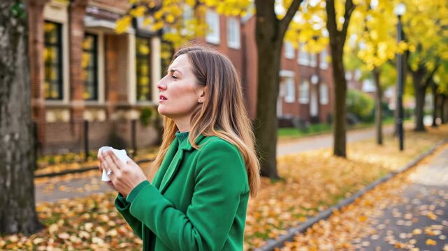 Woman sneezing into tissue on a colorful autumn street surrounded by fallen leaves and vibrant foliage.