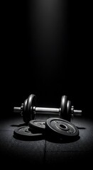 Dramatic studio shot of a dumbbell with weight plates