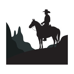 Naklejka premium Cowboy On Horse Over Desert Horizon Silhouette