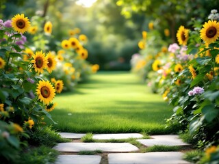 Vibrant sunflowers line a sunny garden path inviting peaceful exploration