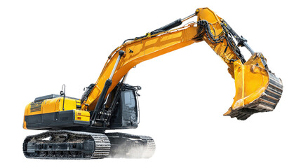 Excavator in dynamic working pose with bucket scooping forward isolated on a Transparent background, PNG file.