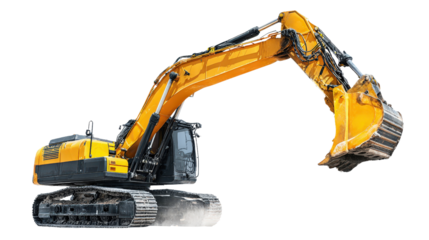 Excavator in dynamic working pose with bucket scooping forward isolated on a Transparent background, PNG file.
