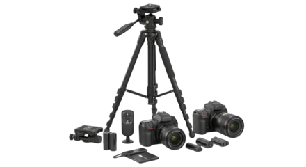 Two DSLR cameras with lenses, batteries, remote, and tripod isolated PNG with Transparent Background