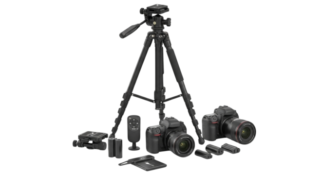 Two DSLR cameras with lenses, batteries, remote, and tripod isolated PNG with Transparent Background