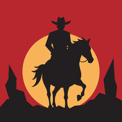 Cowboy On Horse Under Scorching Sun Silhouette