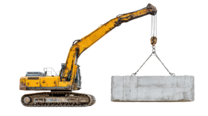 Excavator lifting a heavy concrete block with extended boom isolated on a Transparent background, PNG file.
