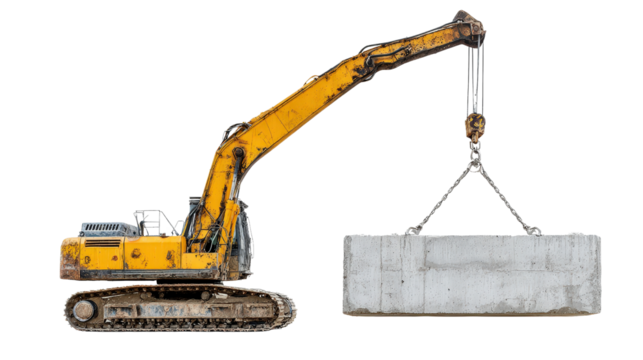Excavator lifting a heavy concrete block with extended boom isolated on a Transparent background, PNG file.