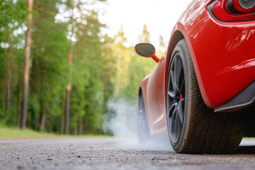 Close-up of spinning car tire on a forest road