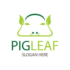 pig head logo design with leaf illustration