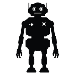 Classic black robot silhouette on white background representing technology and artificial intelligence