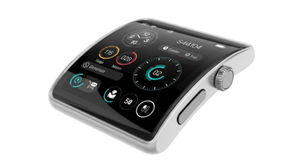 Curved touchscreen device showing various statistics isolated PNG with Transparent Background