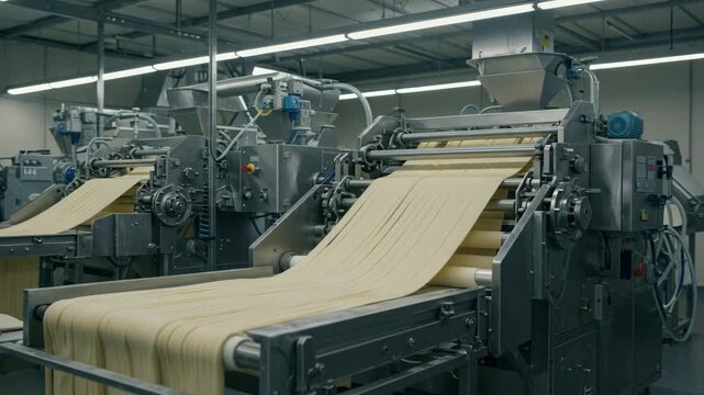 Photorealistic view of an automated machine cutting thin strips of dough into instant noodles in a modern food production facility. Clean, bright industrial environment.