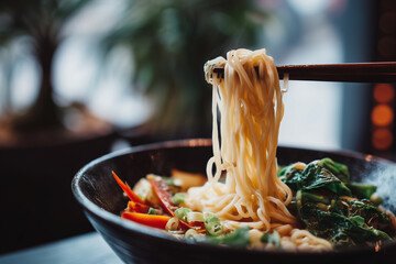 A bowl of noodles with a piece of broccoli in it