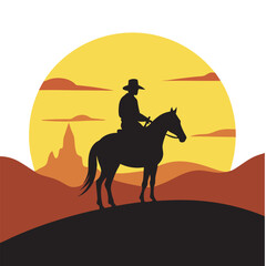 Cowboy Riding Horse Across Desert Horizon Scene