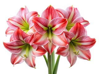 Striking arrangement of red and white striped Amaryllis flowers on a white background