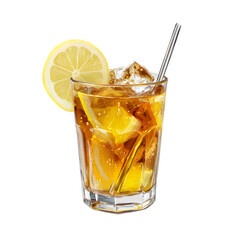 Refreshing iced tea with lemon slice in a glass for illustration on a black background