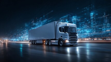 Freight Truck on City Highway at Night

A sleek, modern freight truck navigates a city highway at night, illuminated by digital network lines in the background.