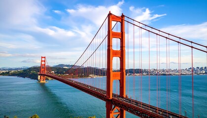 Obraz premium Golden Gate Bridge spanning a bay, dramatic view