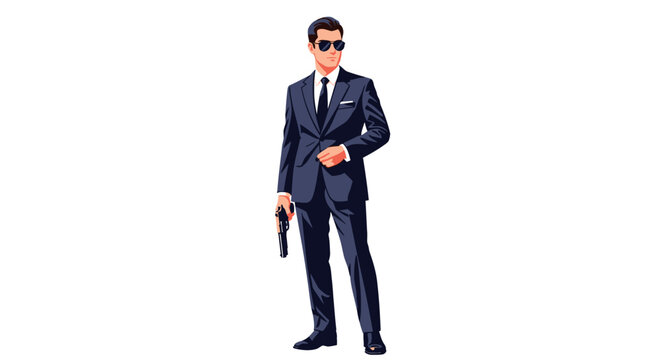 Stylish Secret Agent Illustration with a Gun and Dark Sunglasses Ready for Action, Suave Operative on a Mission, Prepared for anything