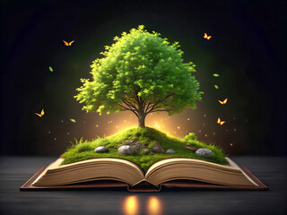Magical tree grows from open book on a lush green hill © ReponChandra