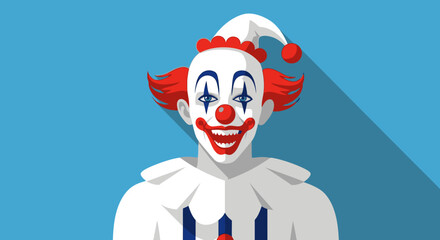 Cartoonish depiction of a playful clown character with full facepaint and unique expression on a light blue background