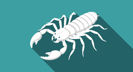 Stylized arachnid illustration, a white scorpion with extended long shadow on a teal backdrop showing a vector design with eight legs and claws