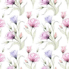 Floral seamless pattern. Watercolor elegant transparent flowers. Violet, pink, lilac airy eustoma. Hand drawn botanical illustration. Background for wedding design, wrapping, fabric, wallpaper, print