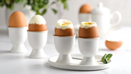 Hard-boiled eggs in eggcups on a marble surface