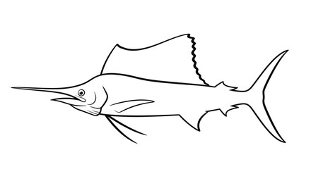 Detailed Line Art Depicting a Sailfish Swimming Gracefully in the Ocean Depths, Showcasing Its Elegant Fins and Streamlined Body