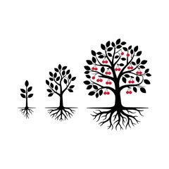 Tree of Life: A symbolic visual narrative of life's journey, showcasing stages of growth from sprout to full-grown tree with fruitful harvest.