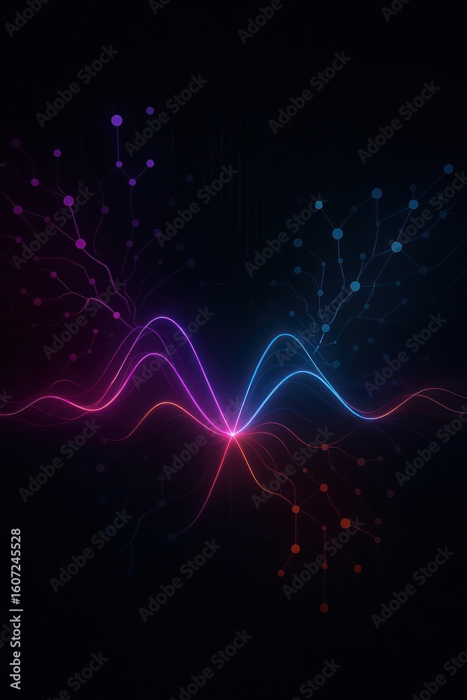 Poster dynamic lines of vibrant neon light undulate and connect, symbolizing networks and data flow against