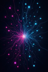 A vibrant digital artwork featuring an intricate network of interconnected nodes pulsating with brilliant pink and blue light against a dark backdrop. 