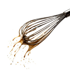 Whisk with sauce drips. Black background. Recipe blog, culinary advertising