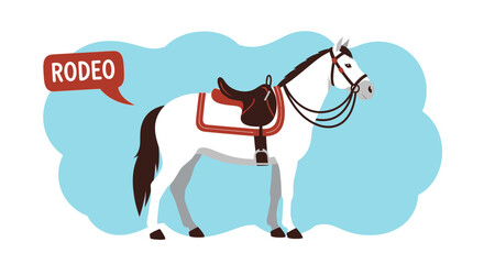 Stylized Illustration of a White Horse Ready for Rodeo Competition with Detailed Saddle and Bridle Design on Light Blue Background