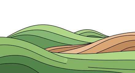 Stylized undulating hills with soft curves and earthy tones landscape illustration depicting rolling countryside and tranquility evoking serenity