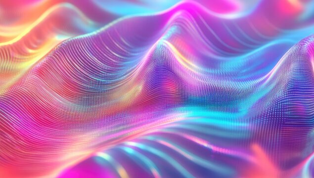Abstract, vibrant, iridescent surface with wavy patterns in a spectrum of neon colors