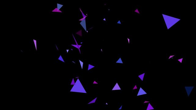 Loopable animation of rotating purple and blue triangles floating through black space, ideal for tech, futuristic, or digital visuals.