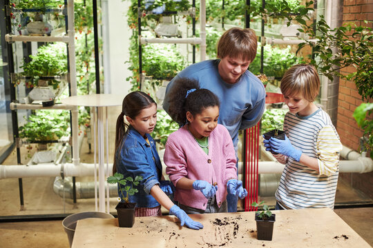 Caucasian man supervising diverse group of children planting seedlings indoors, children wearing gloves and handling soil while learning about gardening and plant care together