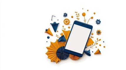 Colorful Paper Art Design with Smartphone and Decorative Elements on White Background