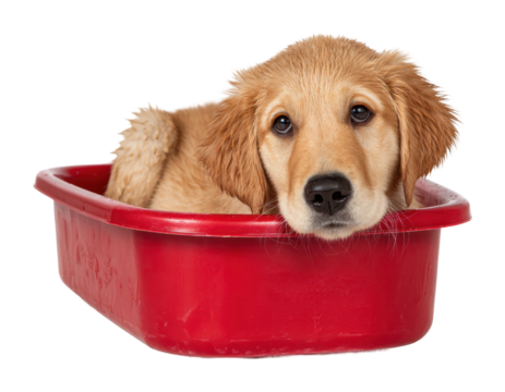 Playful golden retriever puppy relaxing in red basin cute pet isolated on transparent background