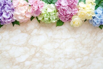 border of colorful hydrangeas on top, a pastel marble background with space for text, for a design or greeting card