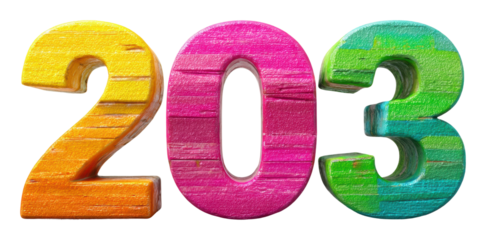 Colorful wooden numbers 203 for creative design digital bright environment isolated on transparent background