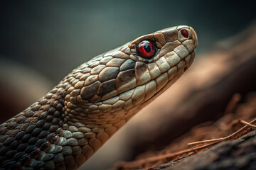 Fototapeta premium An intense portrait of a brown snake showing its scales and striking red eyes, on a branch.