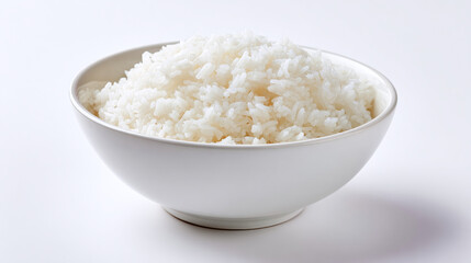 A bowl of freshly cooked, fluffy white rice. The grains are separate and glistening, filling the simple, elegant white bowl against a stark white backdrop.